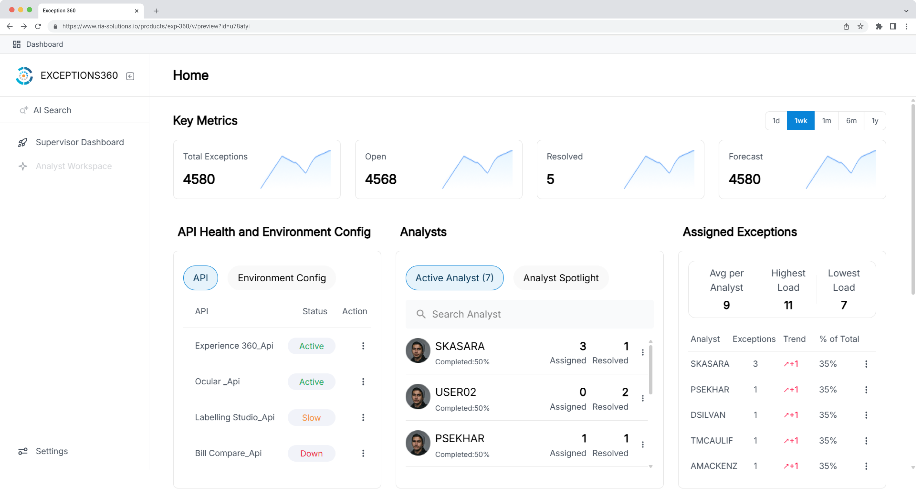 Exceptions 360 product interface